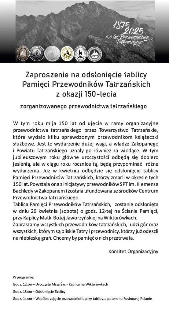 Zaproszenie na odsłonięcie tablicy Pamięci Przewodników Tatrzańskich z okazji 150-lecia