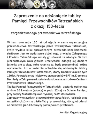 Zaproszenie na odsłonięcie tablicy Pamięci Przewodników Tatrzańskich z okazji 150-lecia