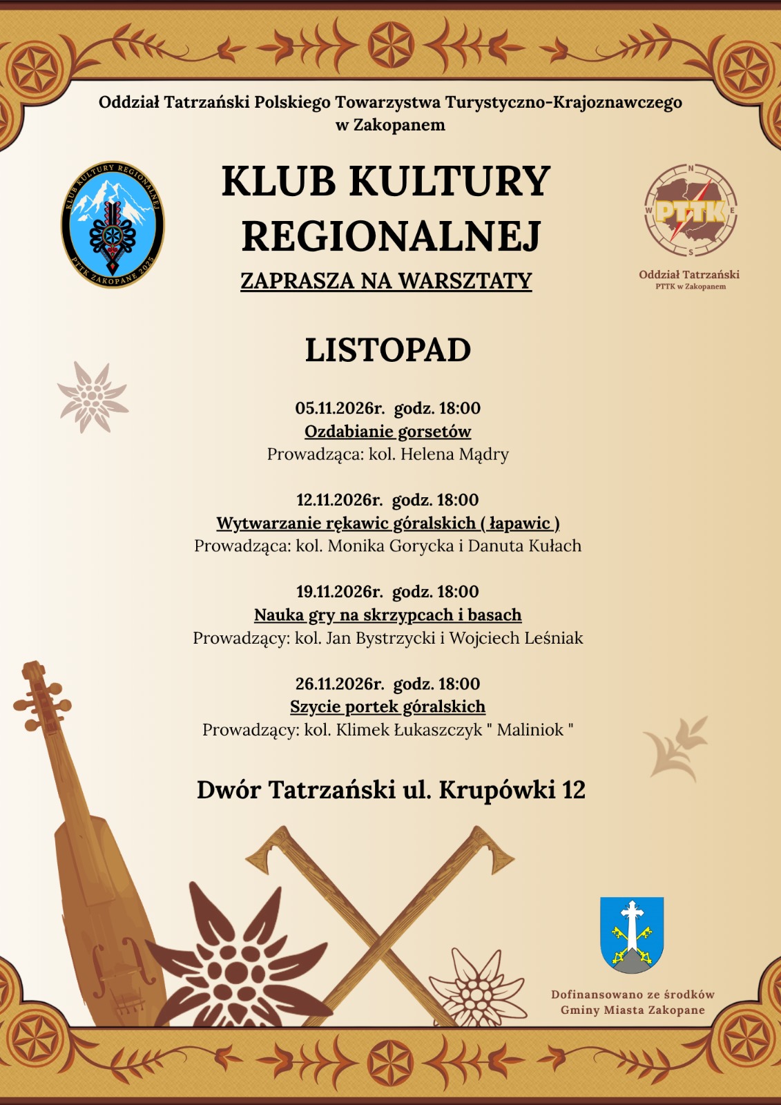 Klub Kultury Regionalnej PTTK - zajęcia w listopadzie 2026 roku.