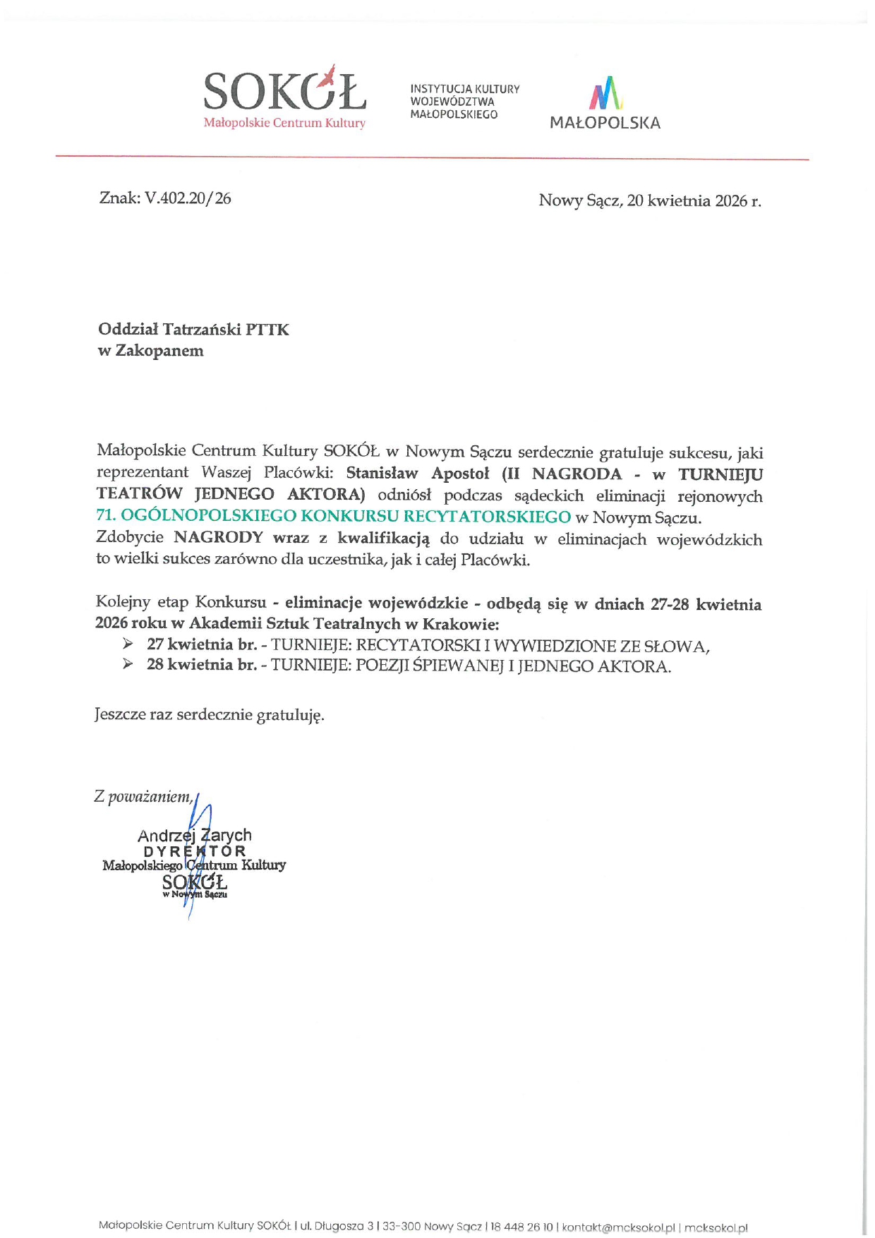 Gratulacje dla Kolegi Stanisława Apostoła